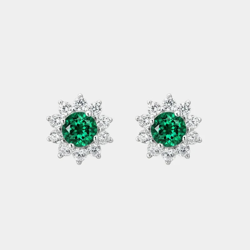 Round Emerald Sunflower Stud Earrings paired product view on a white background