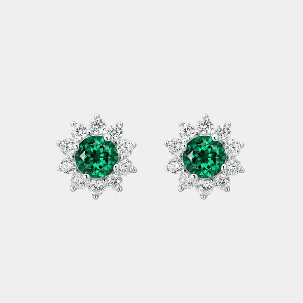 Round Emerald Sunflower Stud Earrings paired product view on a white background