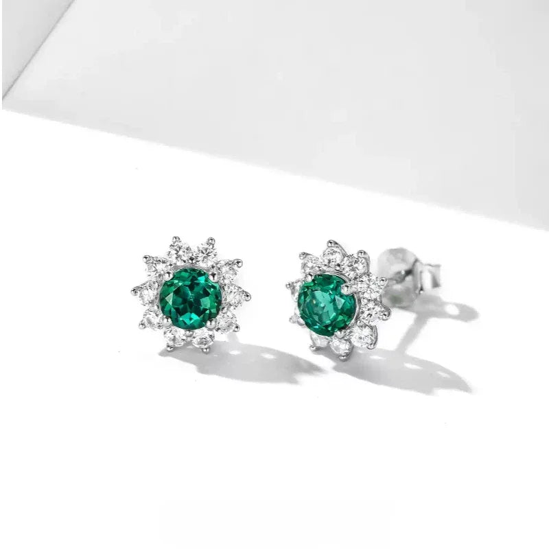 Round Emerald Sunflower Stud Earrings rear view showing earring backs