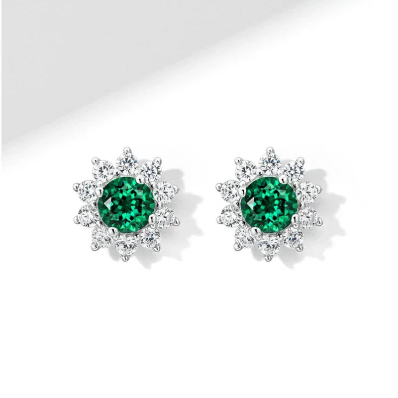 Round Emerald Sunflower Stud Earrings side view showing posts and settings