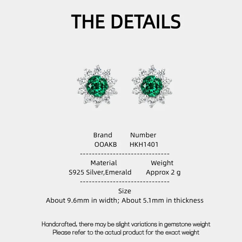 Round Emerald Sunflower Stud Earrings specification card with product measurements