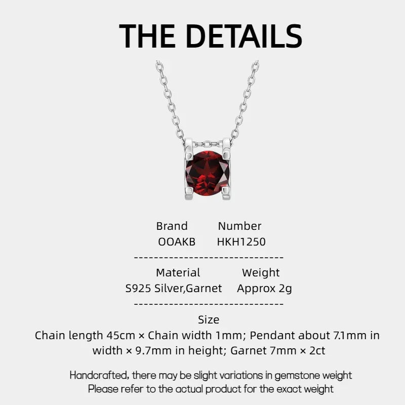 Round Garnet Bar-Set Pendant Necklace specification card with measurements and material details