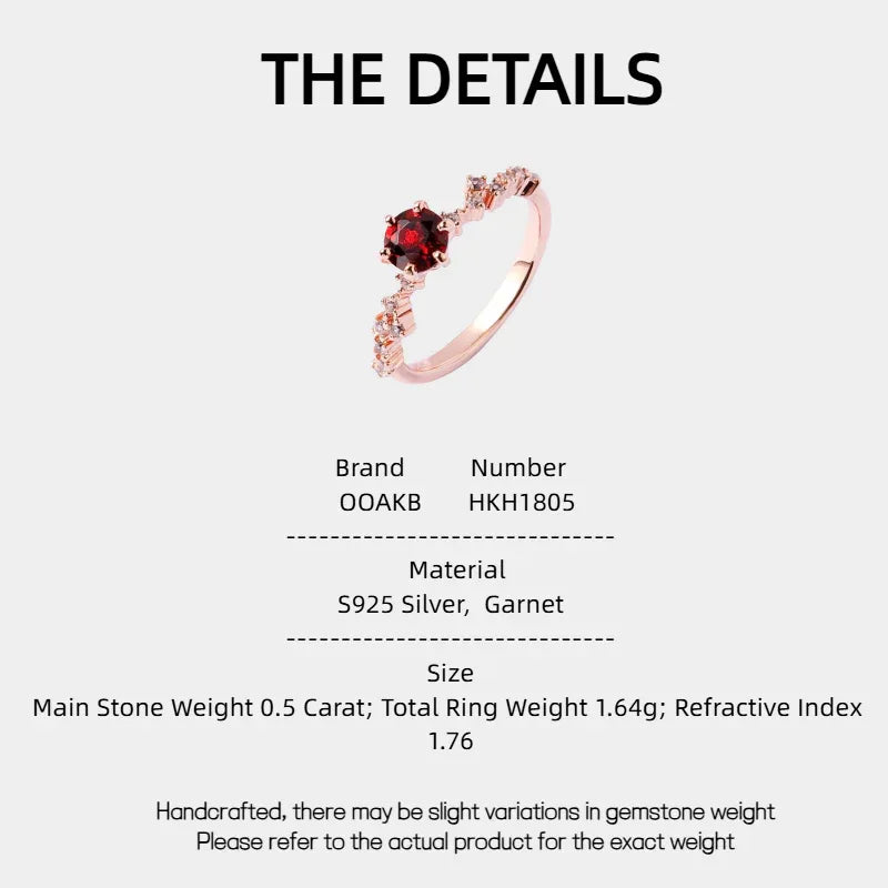 Round Garnet Crown Band Ring specification card with measurements and material details