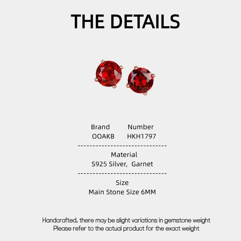 Round Garnet Four-Prong Stud Earrings specification card with measurements and material details