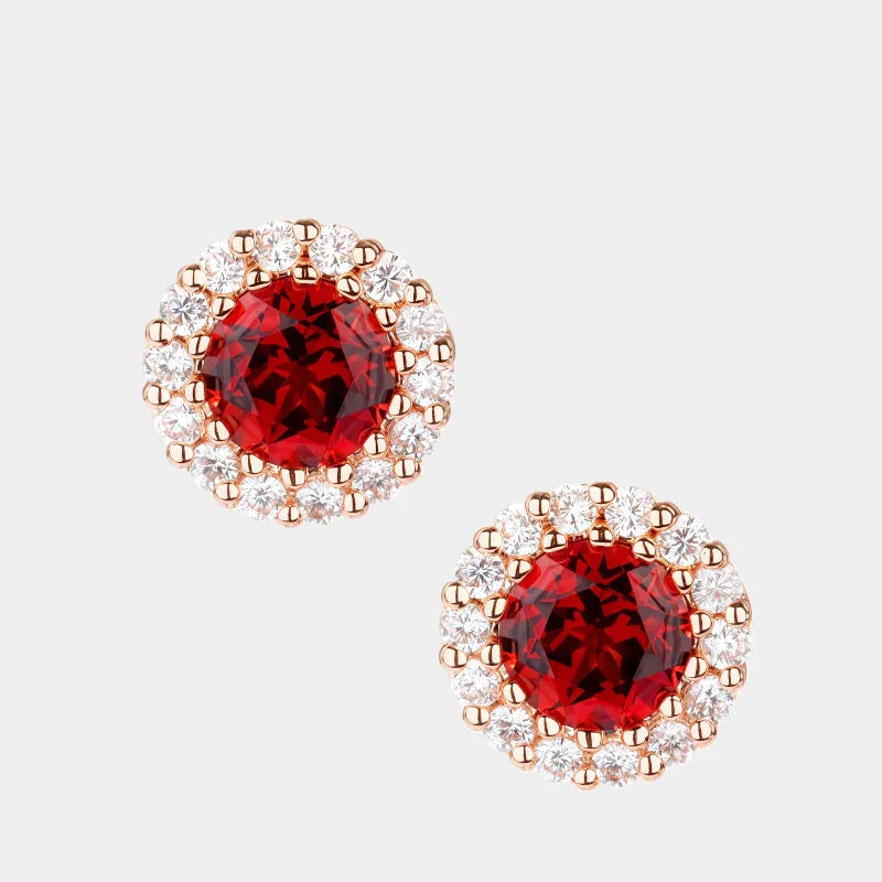 Round Garnet Halo Stud Earrings front product view on a light background