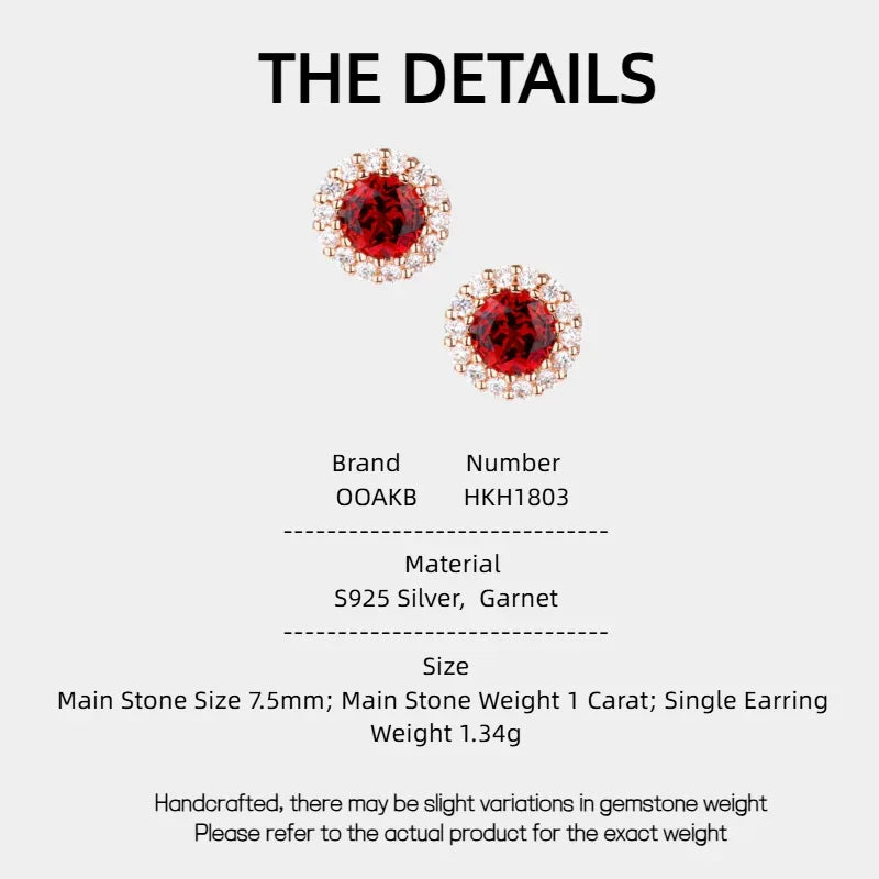 Round Garnet Halo Stud Earrings specification card with measurements and material details