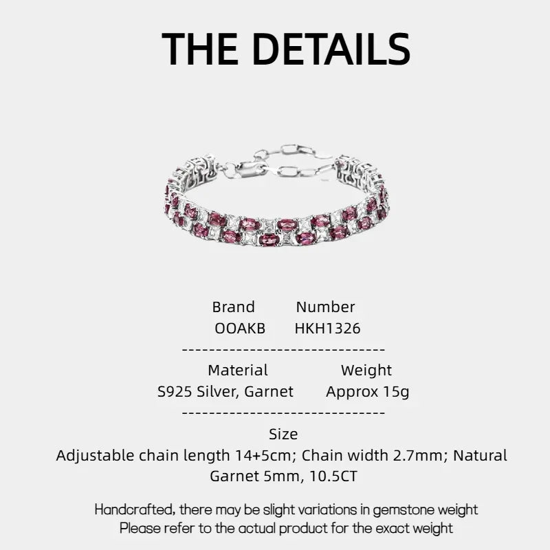 Round Garnet Tennis Bracelet specification card with measurements and material details