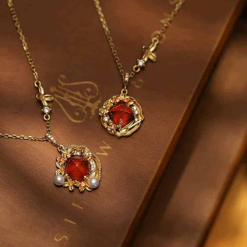 Round Garnet Vintage Drop Necklace alternate full necklace view