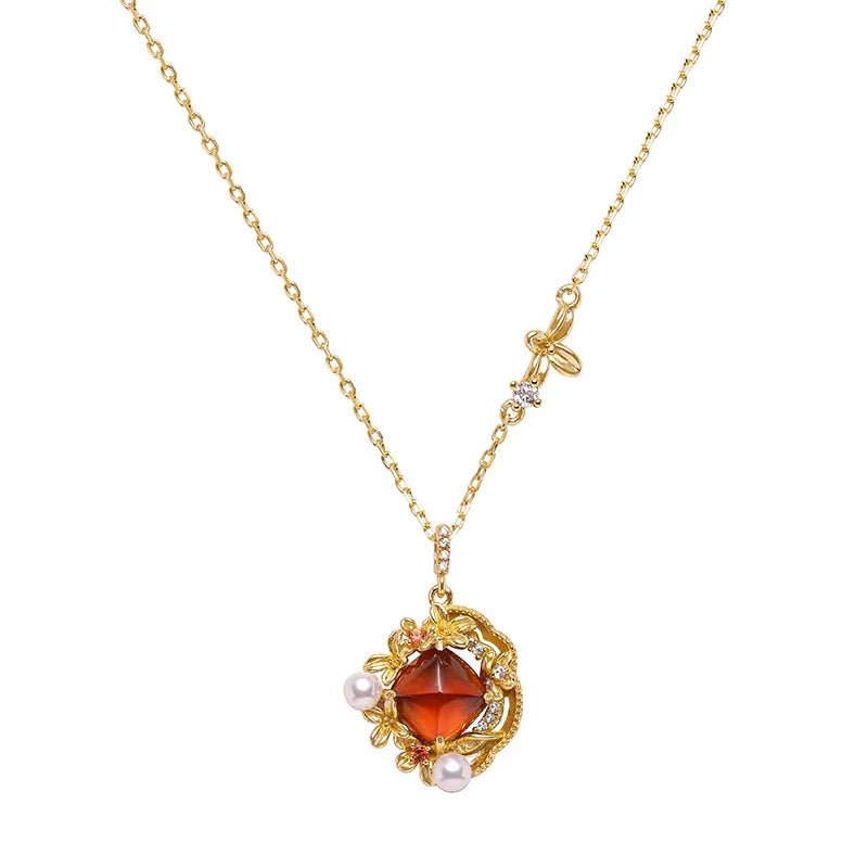 Round Garnet Vintage Drop Necklace close-up of the pendant and chain