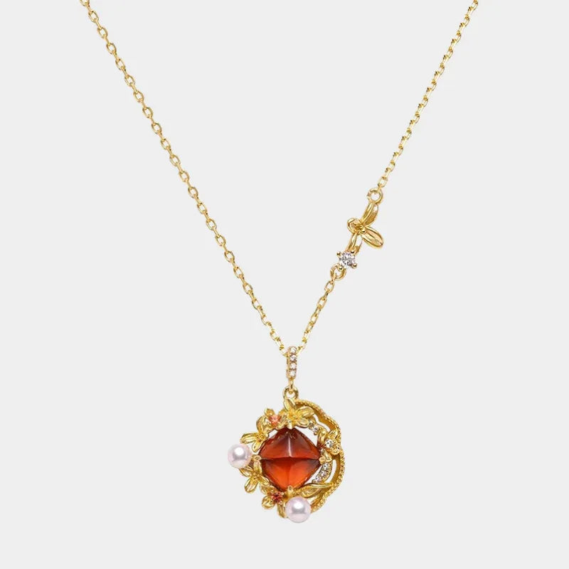 Round Garnet Vintage Drop Necklace full necklace view on a light background