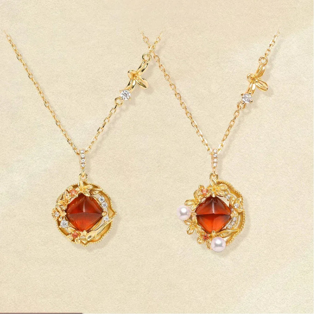 Round Garnet Vintage Drop Necklace side or angled pendant detail