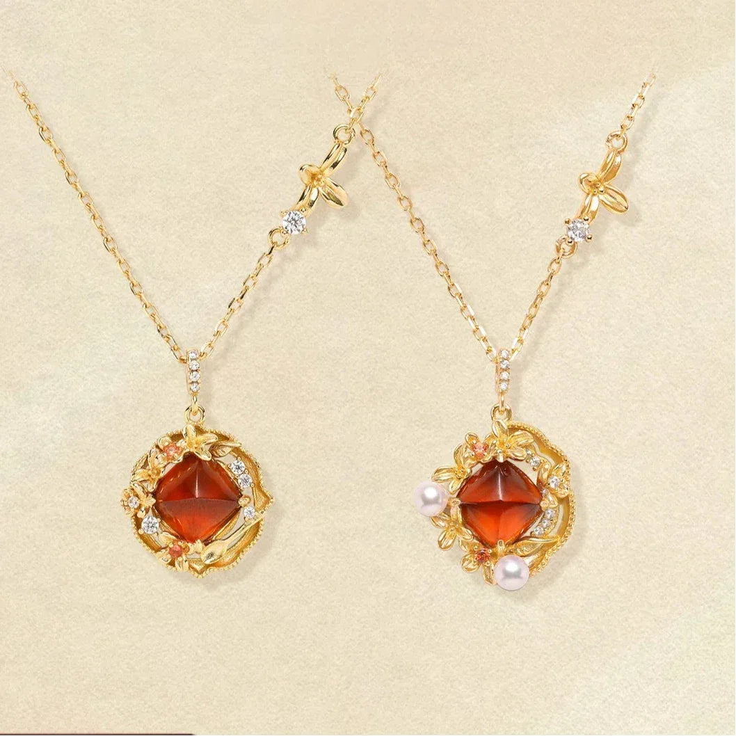 Round Garnet Vintage Drop Necklace side or angled pendant detail