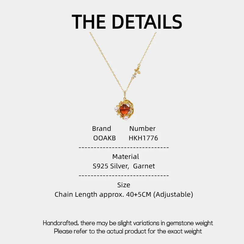 Round Garnet Vintage Drop Necklace specification card with measurements and material details
