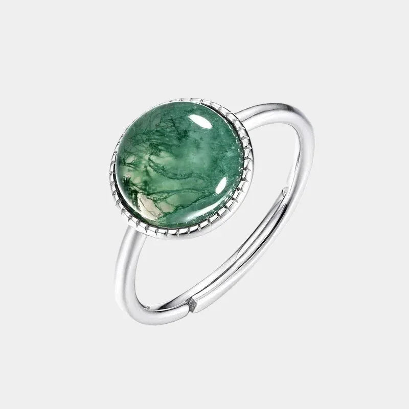 Round Moss Agate Open Ring — front product view on a light background