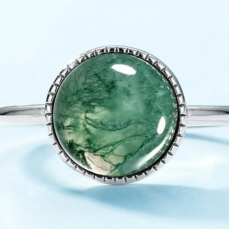 Round Moss Agate Open Ring — front setting detail 3