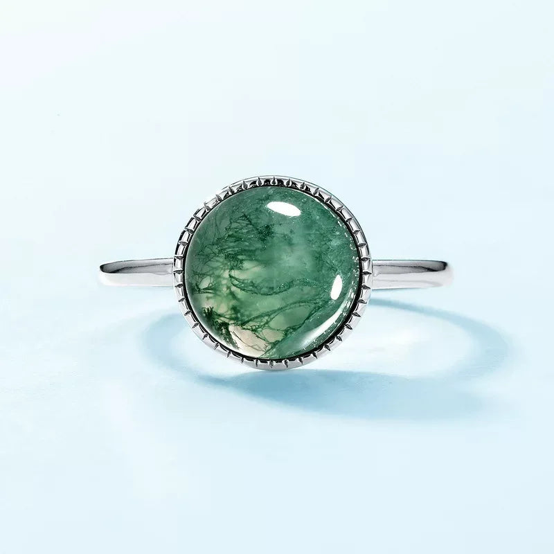 Round Moss Agate Open Ring — hand-worn scale view 2
