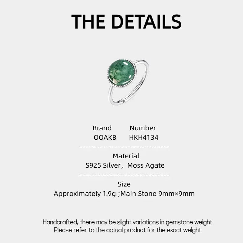 Round Moss Agate Open Ring — Moss Agate specification card with material and measurements