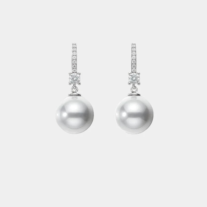 Pearl Drop Earrings with Floral Connector — front view of pearl drop earrings