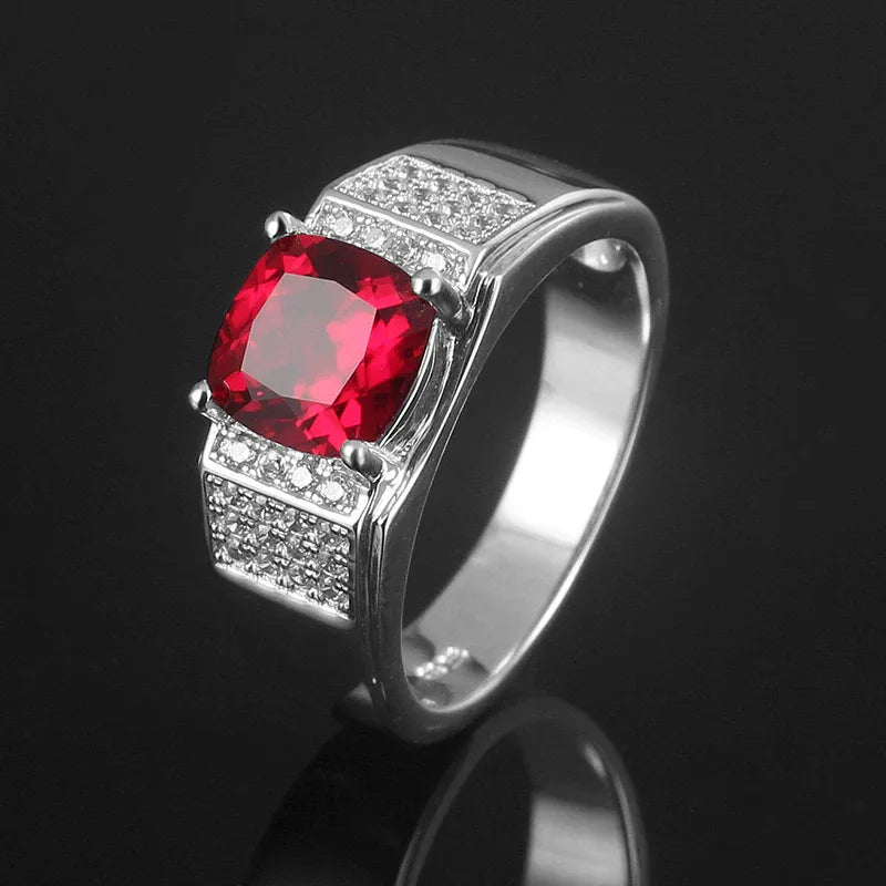 Round Ruby Geometric Men's Ring — angled ring view