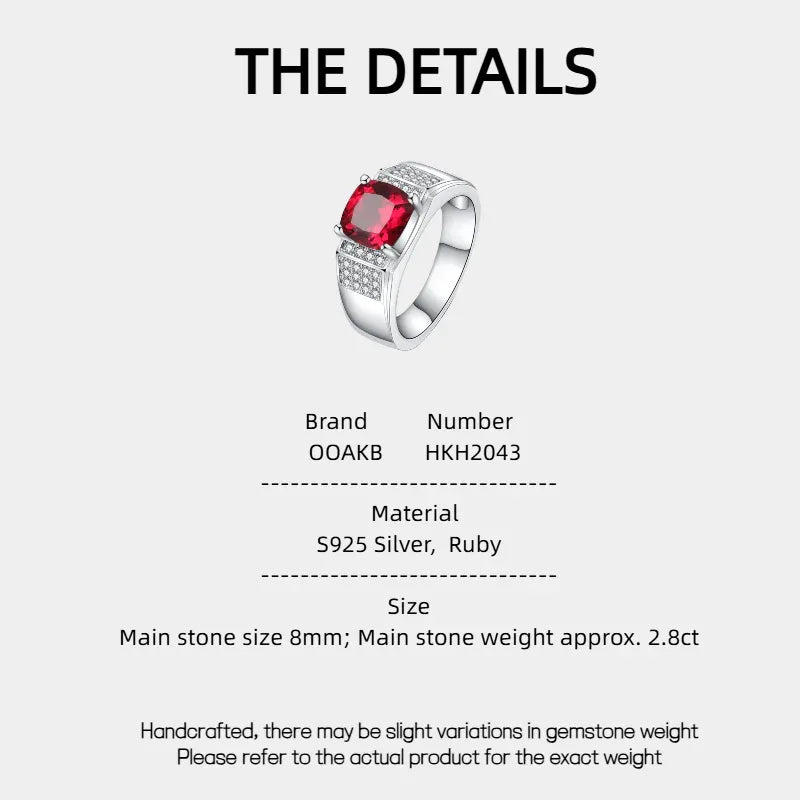Round Ruby Geometric Men's Ring — specification card with material and size details