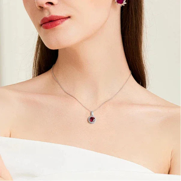 Round Ruby Halo Pendant Necklace — alternate necklace view