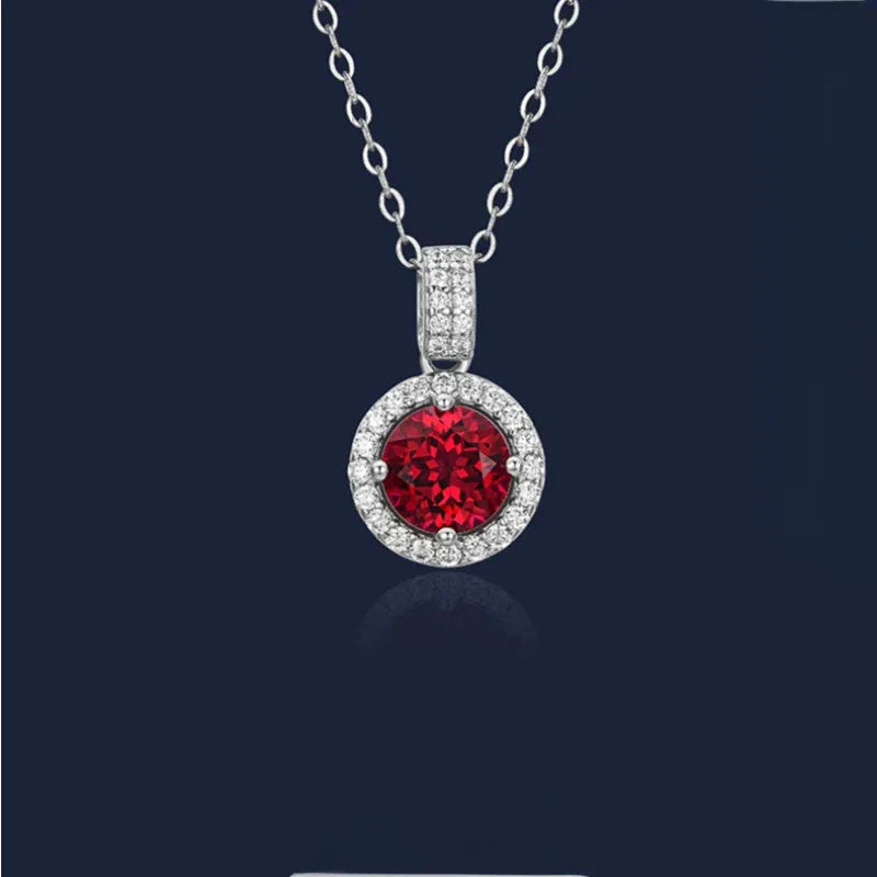 Round Ruby Halo Pendant Necklace — full necklace view
