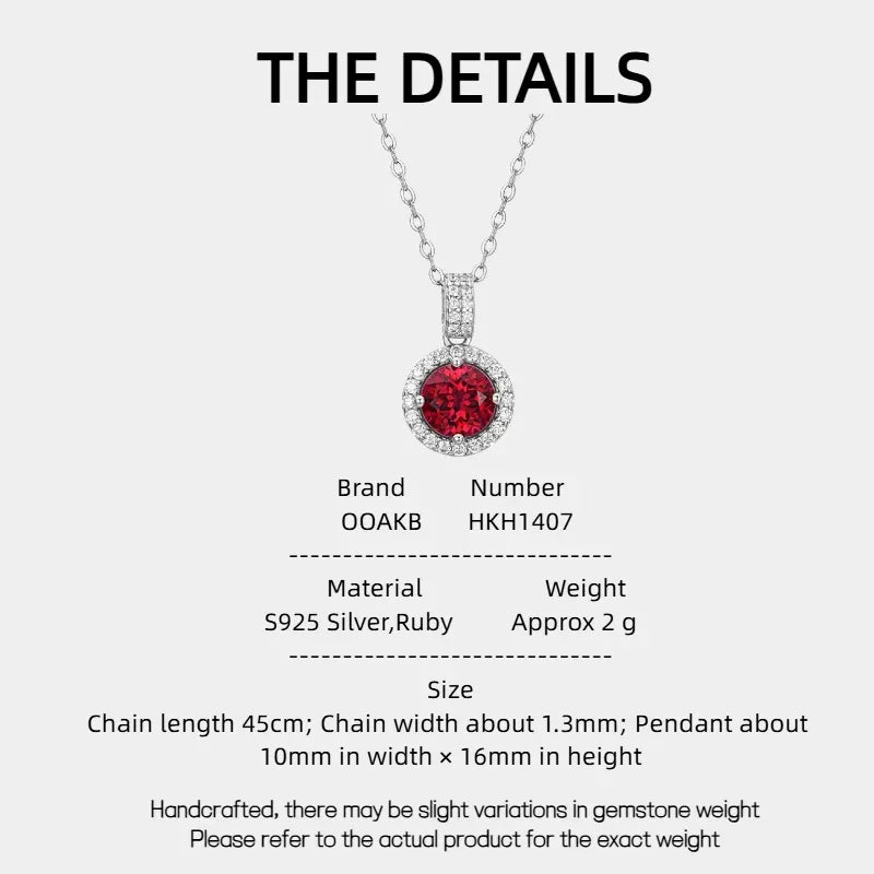 Round Ruby Halo Pendant Necklace — specification card with material and size details