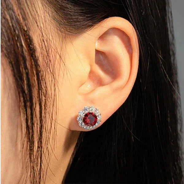 Round Ruby Halo Stud Earrings — alternate earrings view