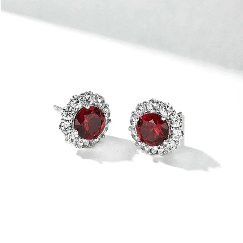 Round Ruby Halo Stud Earrings — earrings worn on ear 7