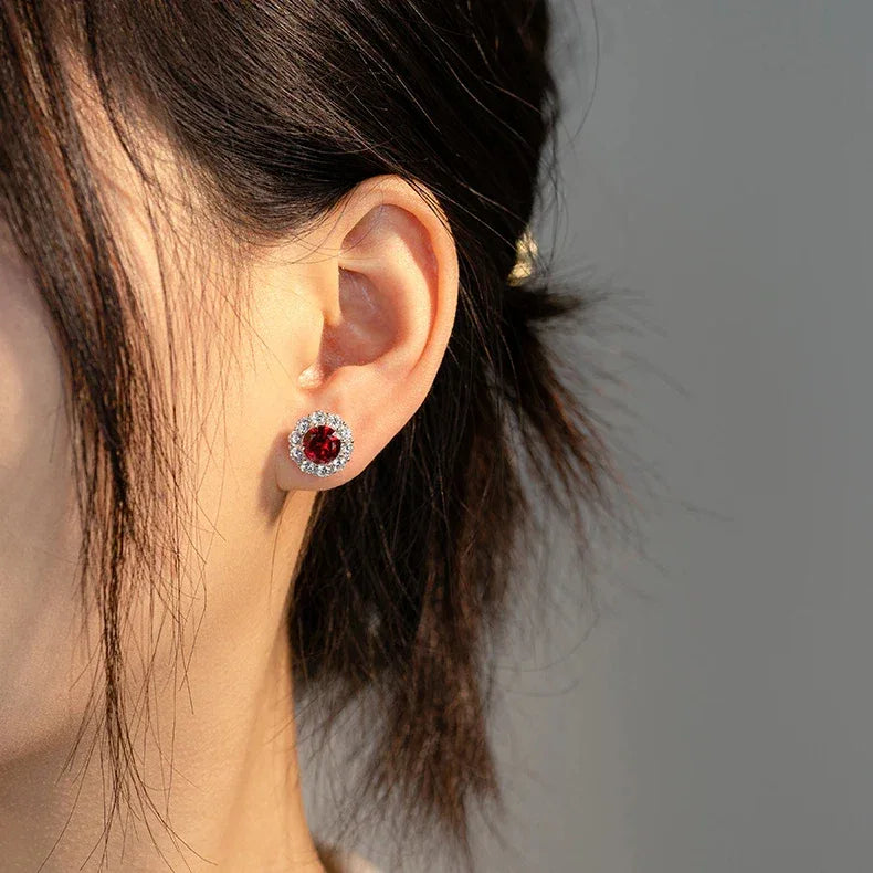 Round Ruby Halo Stud Earrings — side and post detail
