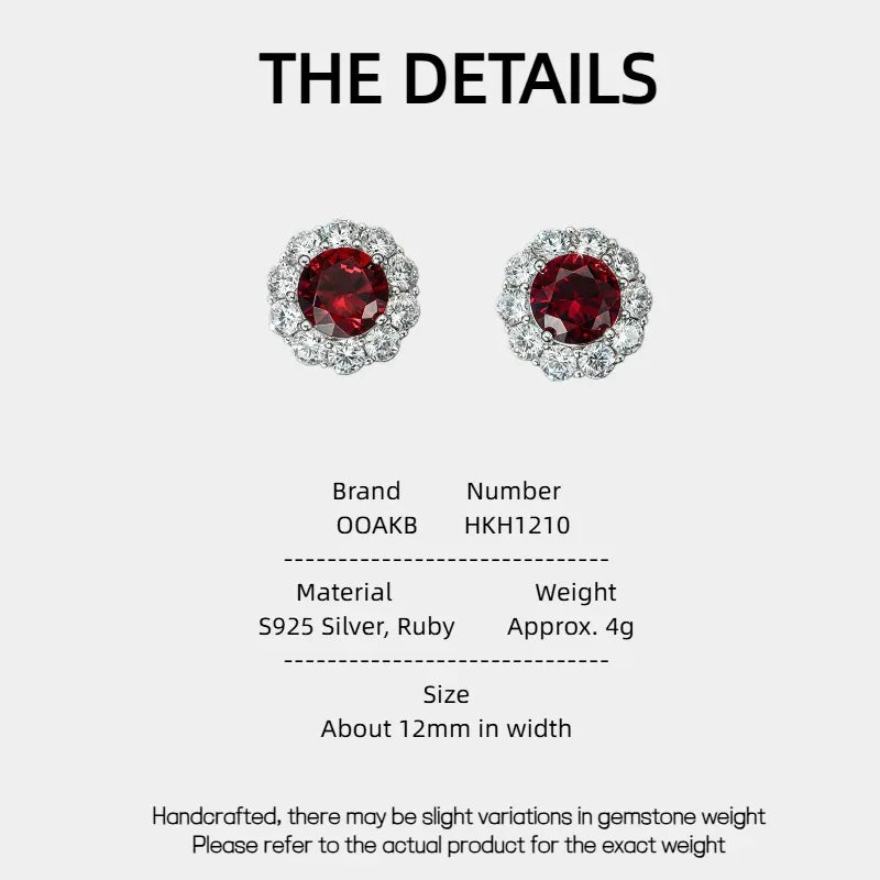 Round Ruby Halo Stud Earrings — specification card with material and size details