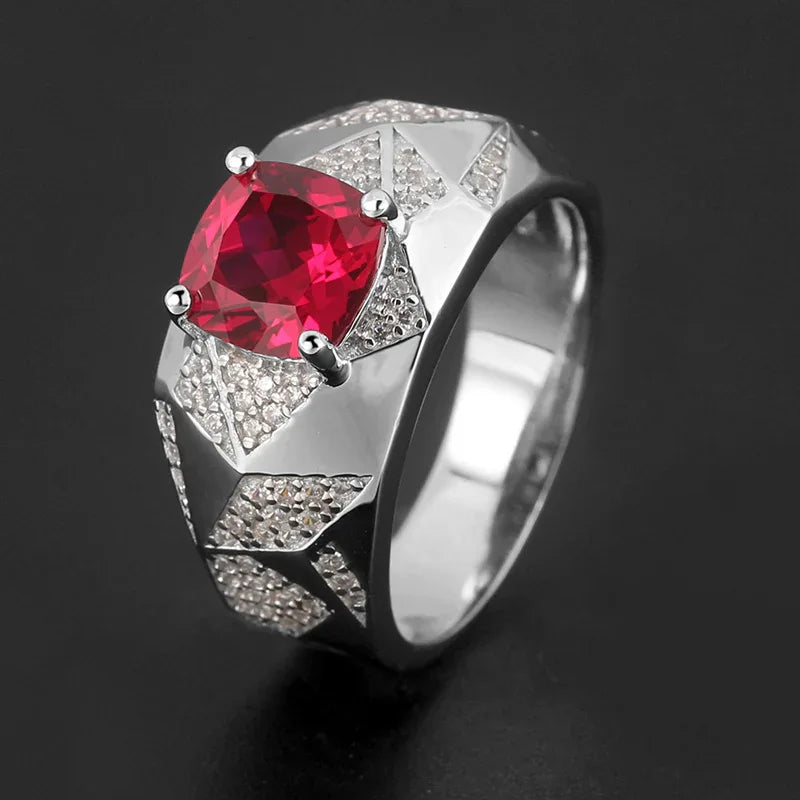 Round Ruby Star-Detail Men's Ring — angled ring view