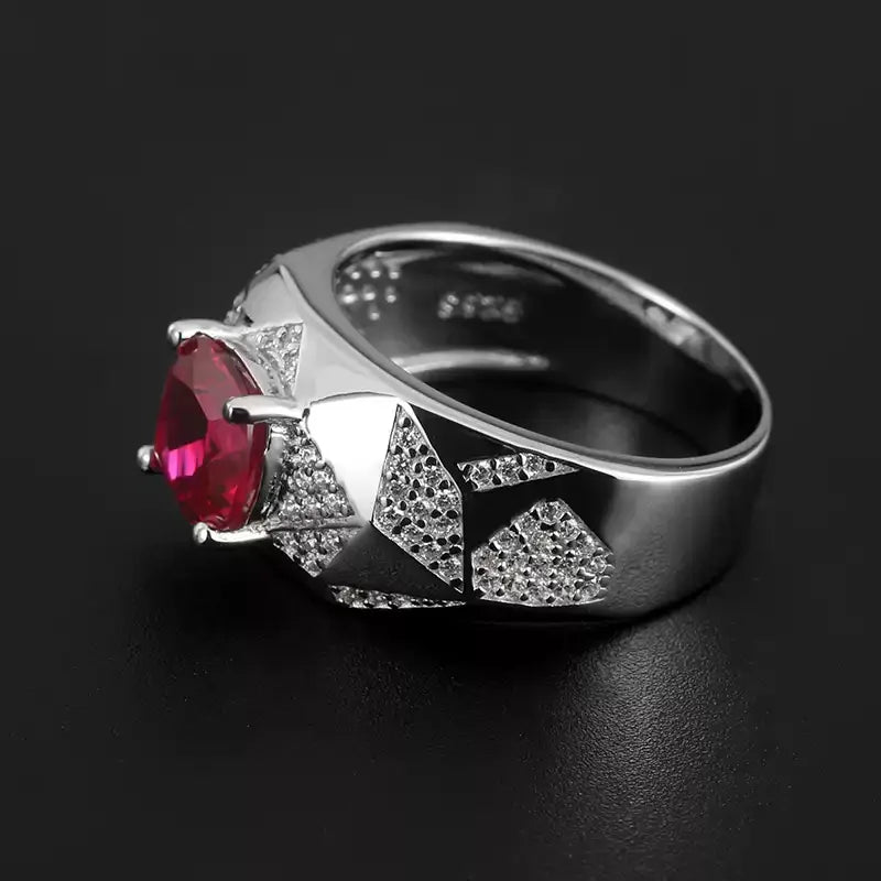 Round Ruby Star-Detail Men's Ring — ring worn on hand