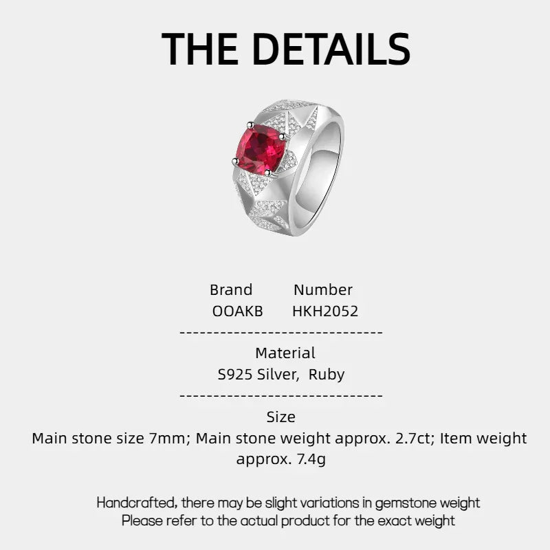 Round Ruby Star-Detail Men's Ring — specification card with material and size details