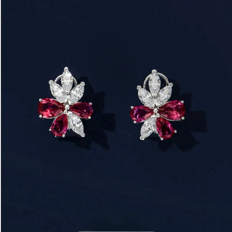 Ruby and Sapphire Floral Stud Earrings — side and post detail