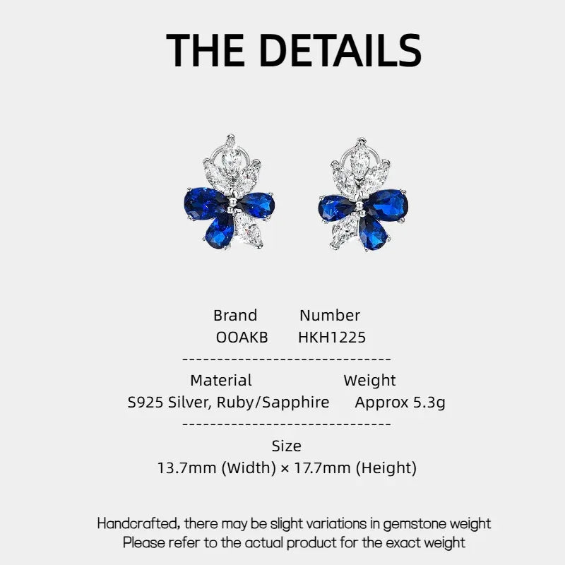 Ruby and Sapphire Floral Stud Earrings — specification card with material and size details