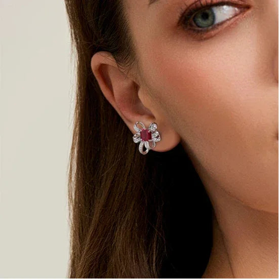 Ruby Bowknot Four-Claw Set Earrings — paired earrings view