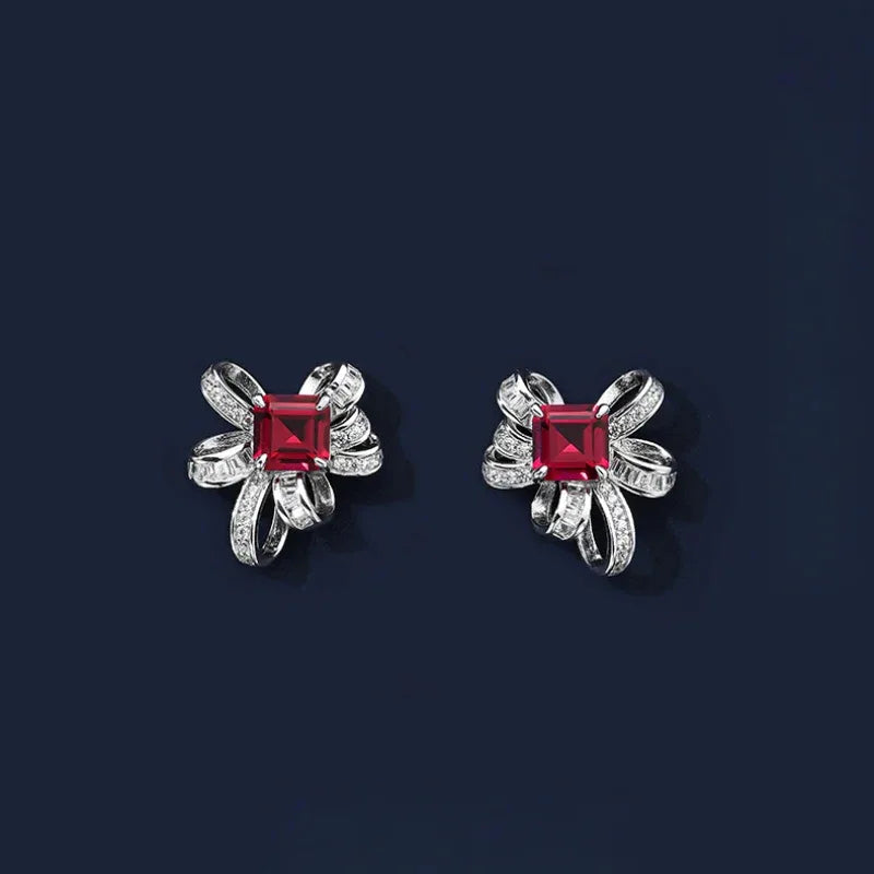 Ruby Bowknot Four-Claw Set Earrings — side and post detail