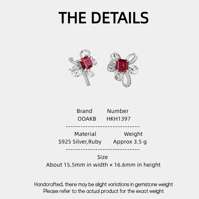Ruby Bowknot Four-Claw Set Earrings — specification card with material and size details