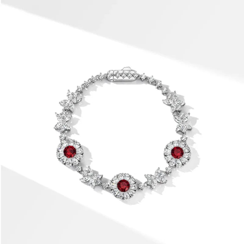 Ruby Butterfly Station Bracelet — specification card with material and size details