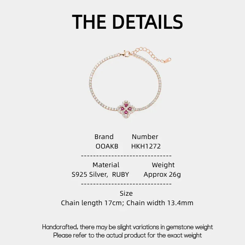 Ruby Clover Station Bracelet — specification card with material and size details