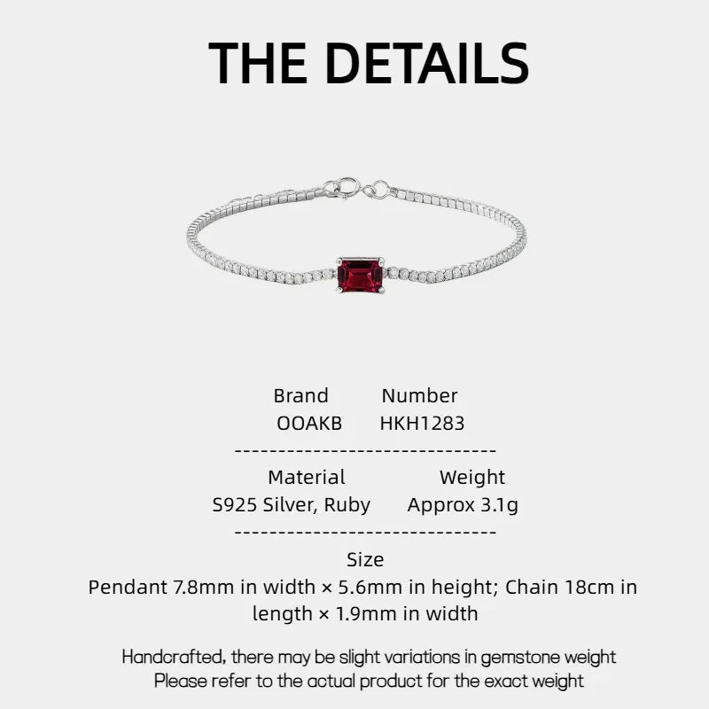 Ruby Faceted Bracelet S925 Silver — specification card with material and size details