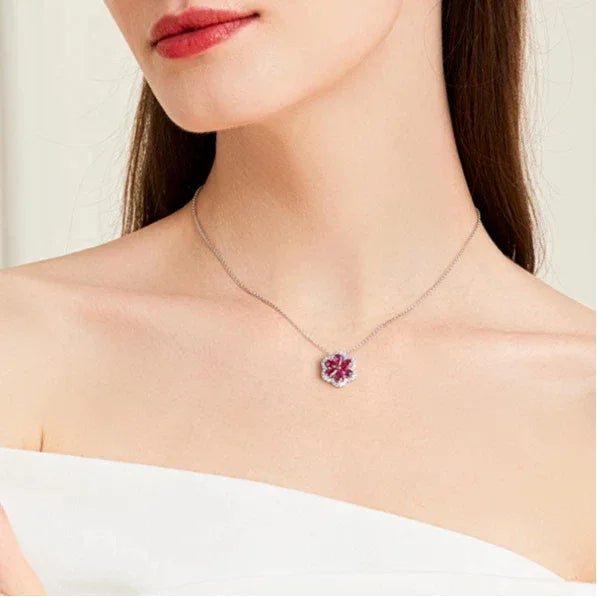Ruby Floral Cluster Pendant Necklace — alternate necklace view
