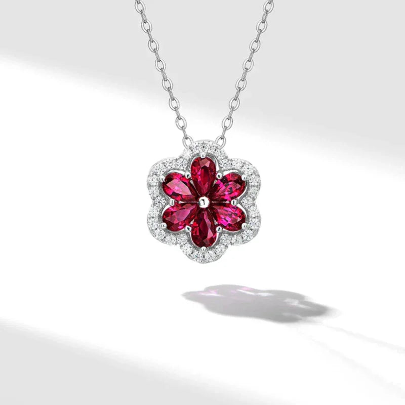 Ruby Floral Cluster Pendant Necklace — clasp and chain detail