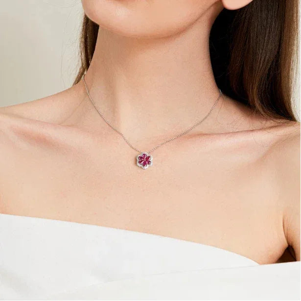 Ruby Floral Cluster Pendant Necklace — full necklace view