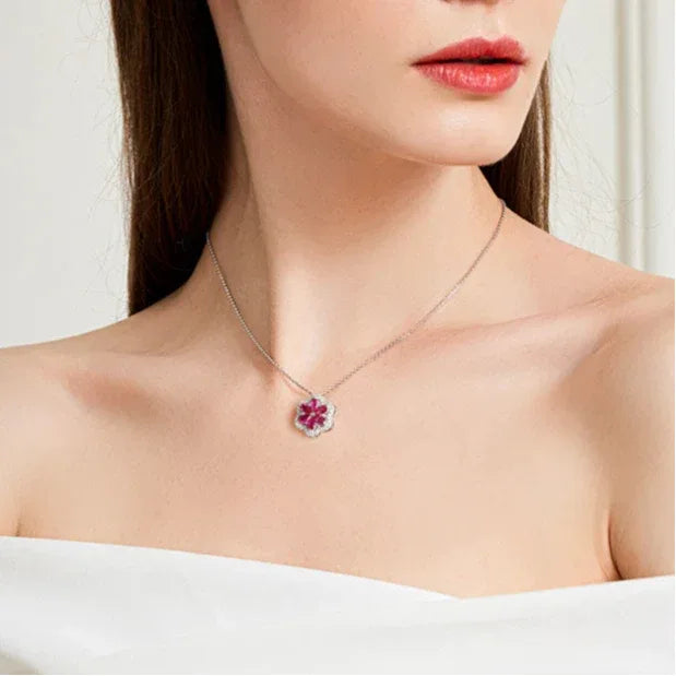 Ruby Floral Cluster Pendant Necklace — necklace worn at neckline