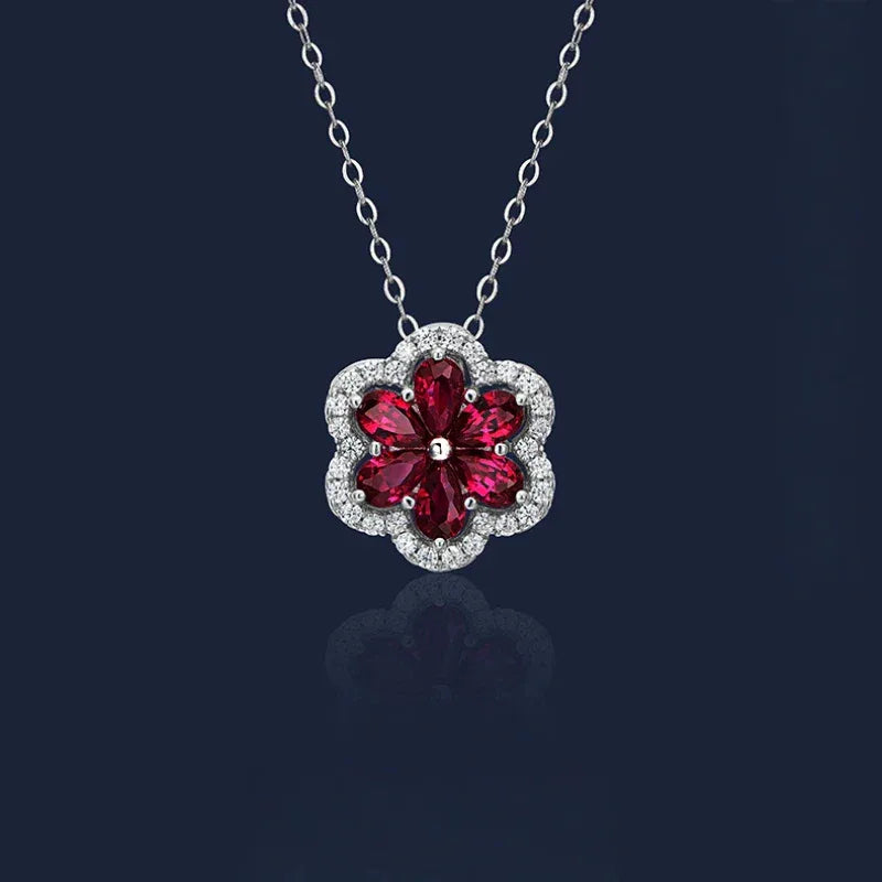 Ruby Floral Cluster Pendant Necklace — pendant setting detail