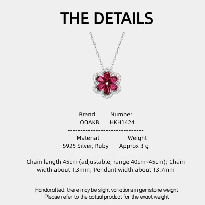Ruby Floral Cluster Pendant Necklace — specification card with material and size details