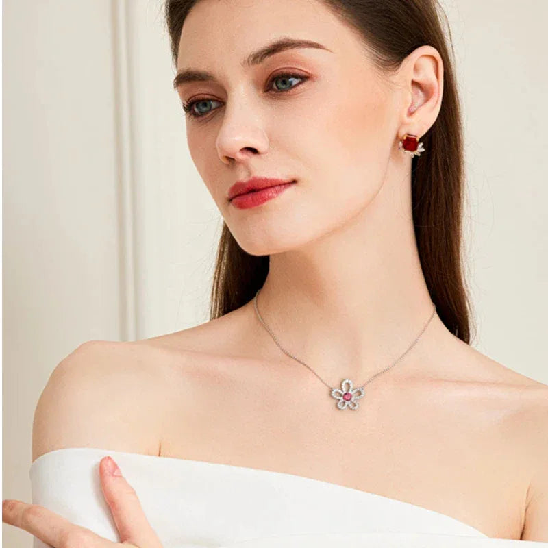 Ruby Floral Pendant Necklace with Cubic Zirconia Accents — alternate necklace view