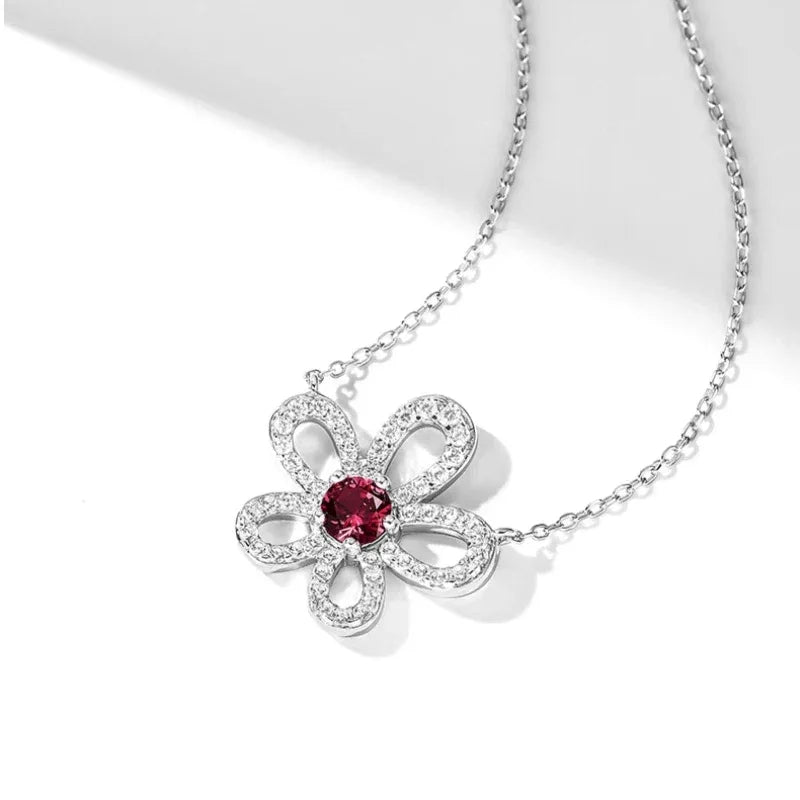 Ruby Floral Pendant Necklace with Cubic Zirconia Accents — clasp and chain detail